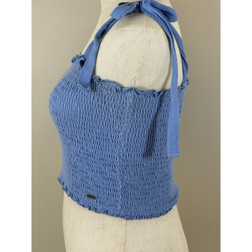 Hollister Smocked Crop Top Women L Blue Tie Strap Coquette Cottagecore - Picture 2 of 8